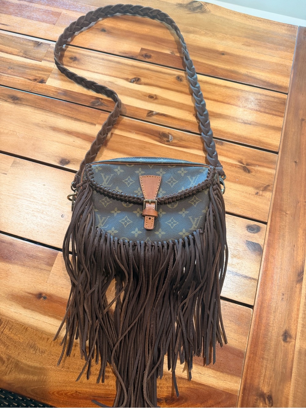 Vintage Boho Louis Vuitton Monogram Fringe Crossbody with Tan Leather Accent